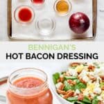 Bennigan's hot bacon dressing ingredients and the dressing in a jar next to a salad.