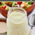 Homemade buttermilk ranch dressing, a spoon, and a salad.