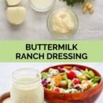 Homemade buttermilk dressing ingredients and the dressing in a jar next to a salad.