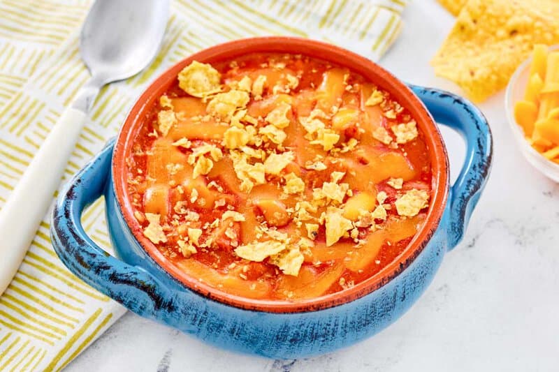 A bowl of copycat ground round chicken tortilla soup.