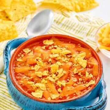 Copycat ground round chicken tortilla soup and tortilla chips.