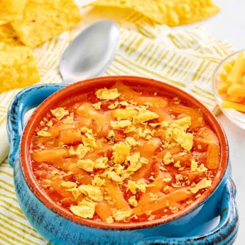 Copycat ground round chicken tortilla soup and tortilla chips.