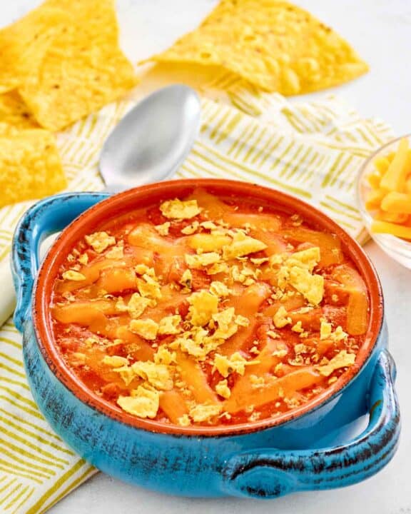 Copycat ground round chicken tortilla soup and tortilla chips.