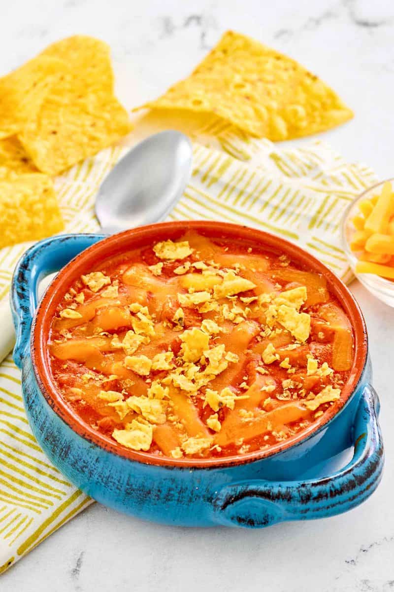 Copycat ground round chicken tortilla soup and tortilla chips.