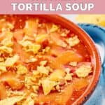 Homemade ground round Mexican chicken tortilla soup in a small bowl.