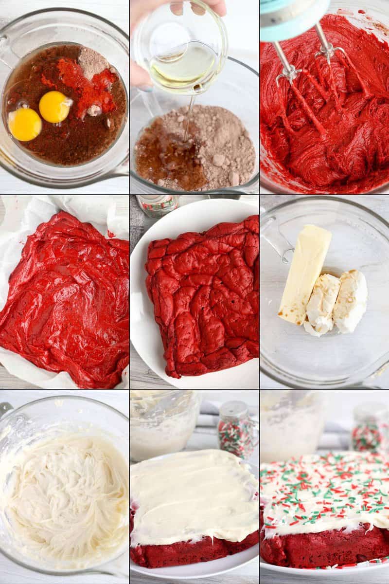 Making red velvet brownies with cream cheese frosting.