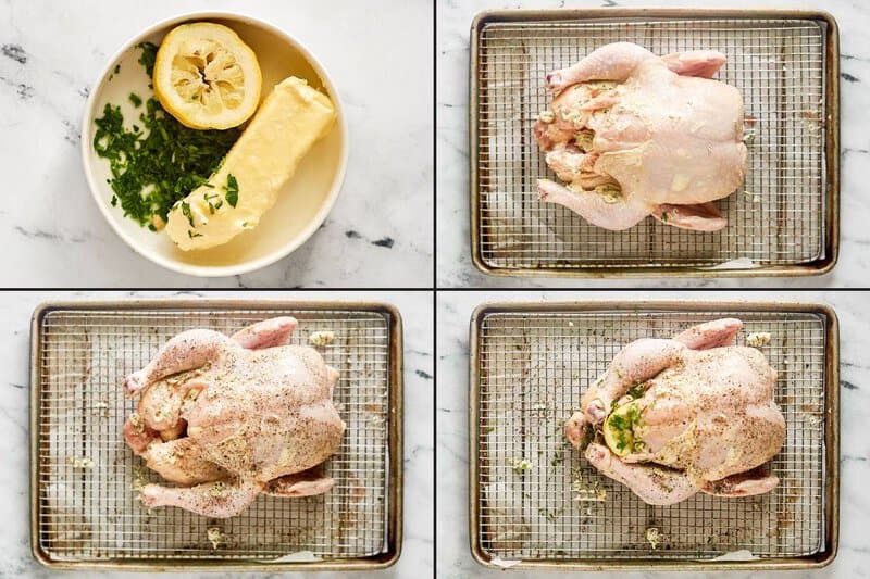 Preparing a whole chicken for roasting in the oven.