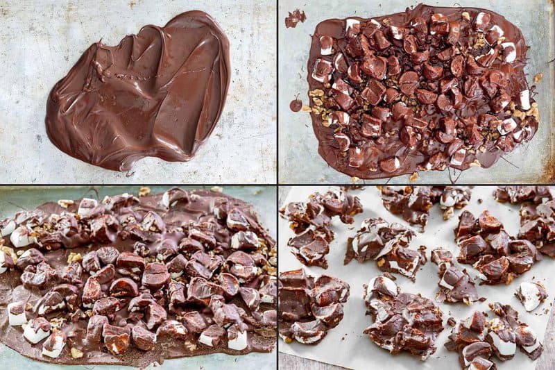 Making rocky road candy with walnuts.