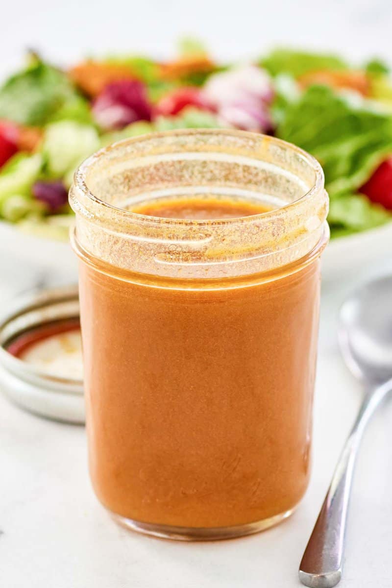 Copycat state fair lemon vinaigrette salad dressing in a mason jar.