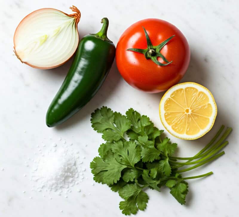 Copycat TGI Friday's pico de gallo ingredients on a marble surface.