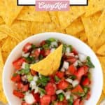 Homemade TGI Friday's pico de gallo in a bowl and tortilla chips by it.