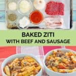 Baked ziti ingredients and two servings in bowls.