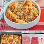 Baked ziti in a bowl and baking dish and ingredients on a tray.