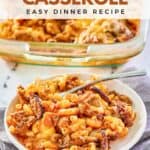 Homemade cheeseburger casserole in a baking dish and a serving on a plate.