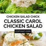 Copycat chicken salad chick classic carol chicken salad on lettuce and in a sandwich.