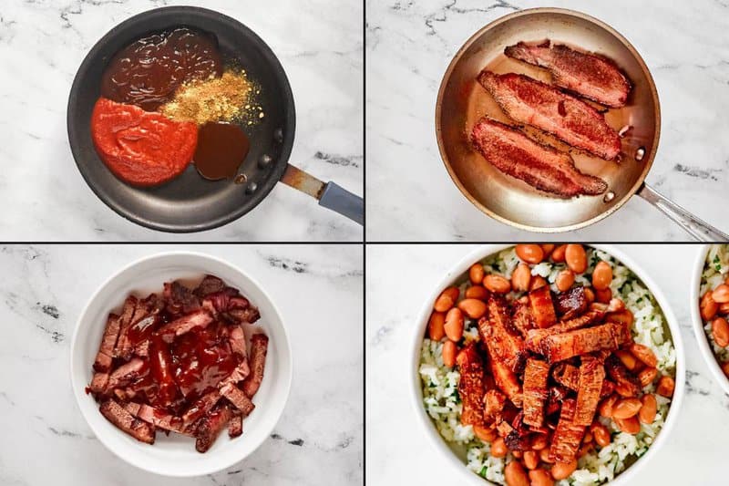 Preparing sauce and brisket slices for copycat Chipotle smoked brisket.