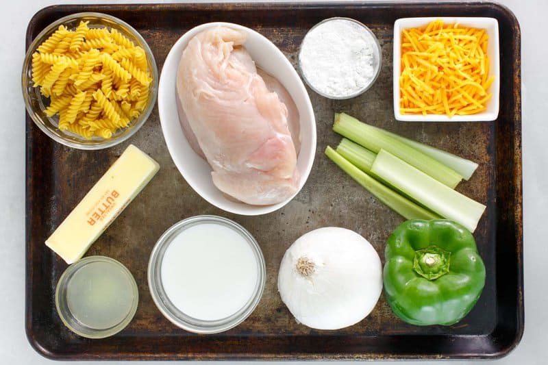 Everyday chicken casserole ingredients on a tray.