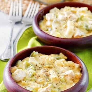 Everyday chicken casserole in a baking dish and two bowls.