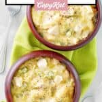 Two servings of everyday chicken casserole in wood bowls.