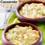 Everyday chicken casserole in two wooden bowls.