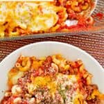 Cheesy ground beef casserole in a baking dish and on a plate.