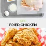 Copycat KFC fried chicken ingredients and the chicken in a basket.