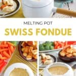 Homemade melting pot swiss fondue and assorted dippers for it.