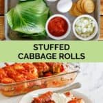 Stuffed cabbage rolls ingredients and the finished dish.