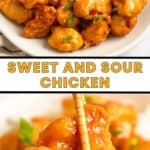 Homemade sweet and sour chicken on a plate and a piece held by chopsticks.