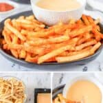 Copycat Taco Bell nacho fries ingredients and the fries and sauce on a plate.