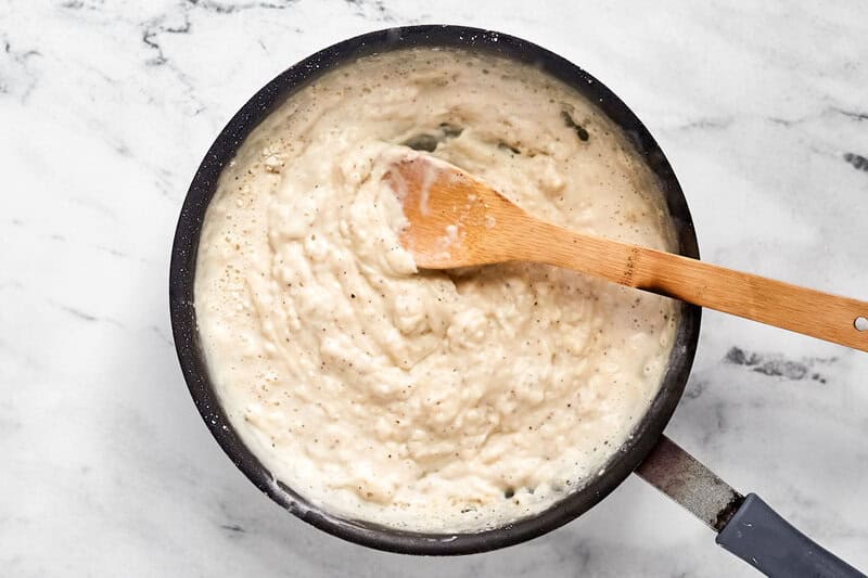 Homemade gravy in a skillet.