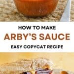 Homemade Arby's sauce in a small bowl next to a roast beef sandwich.