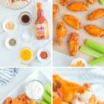 Copycat Buffalo Wild Wings Buffalo Wings ingredients and the wings served with sauce.