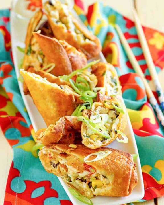 A platter of copycat Chili's southwest egg rolls.