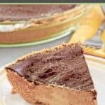 A slice of homemade chocolate peanut butter pie with graham cracker crust.