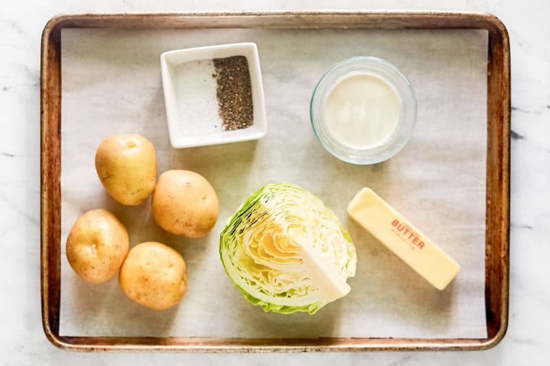 Irish colcannon potatoes ingredients on a tray.