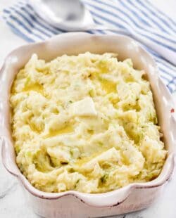 Traditional Irish colcannon potatoes in a serving dish.