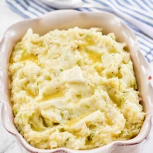 Traditional Irish colcannon potatoes in a serving dish.