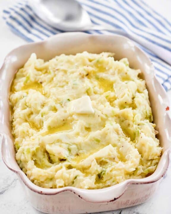 Traditional Irish colcannon potatoes in a serving dish.