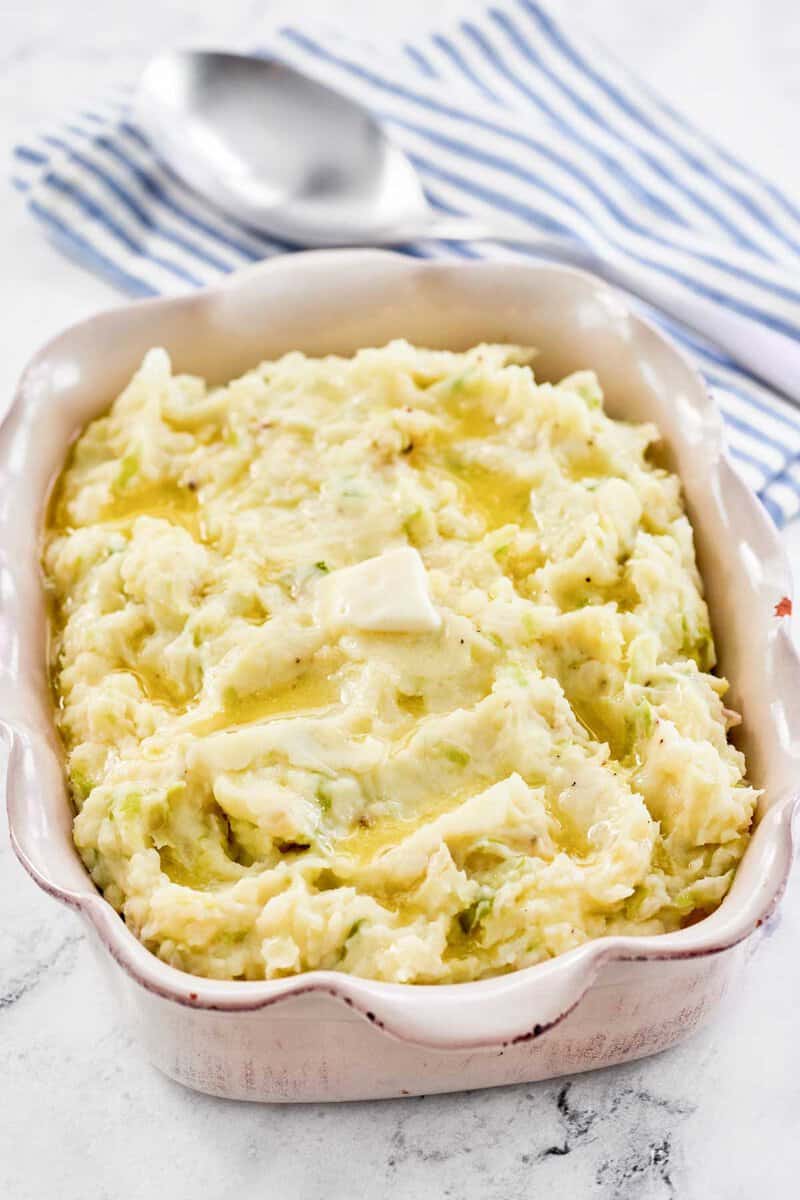 Traditional Irish colcannon potatoes in a serving dish.