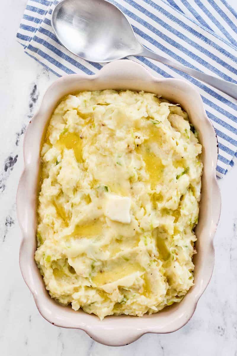 Irish colcannon potatoes in a serving dish.