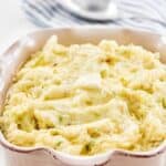 Irish colcannon potatoes in a ceramic serving dish.