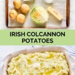 Irish colcannon potatoes ingredients and the finished dish.