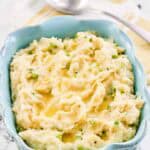 Irish champ potatoes in a serving dish.