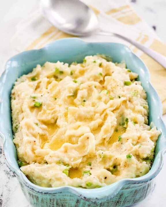 Irish champ potatoes in a serving dish.