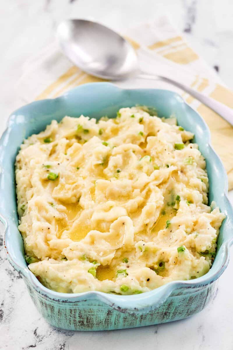 Irish champ potatoes in a serving dish.