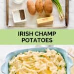 Irish champ potatoes ingredients and the finished dish.