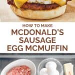 Homemade McDonald's sausage egg mcmuffin and the ingredients on a tray.