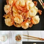 Copycat Panda Express honey walnut shrimp ingredients and the finished dish.