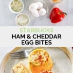 Copycat Starbucks ham and cheddar egg bites ingredients and the bites on a plate.